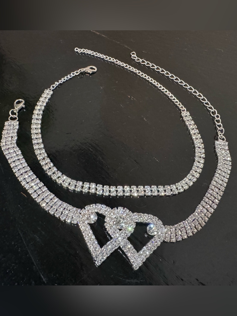 Set of 2 Double Heart Cz Chain Anklet Set Ankle Bracelets Foot Jewelry